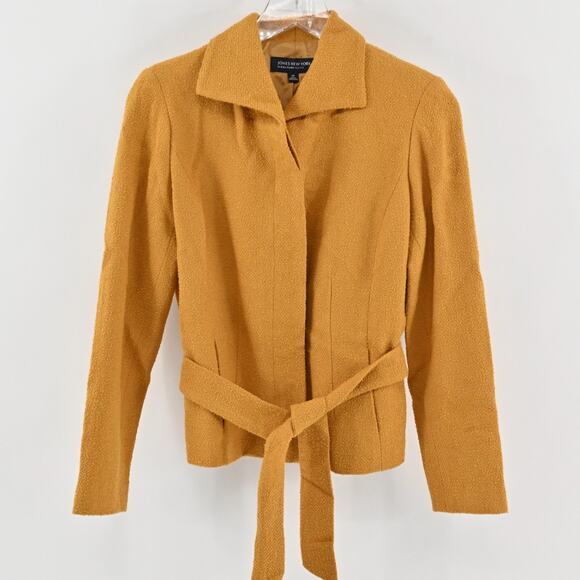 JONES NY Womens Tweed Wool Jacket Size 4 Petite Gold Yellow Belted Button Retro - Picture 1 of 13